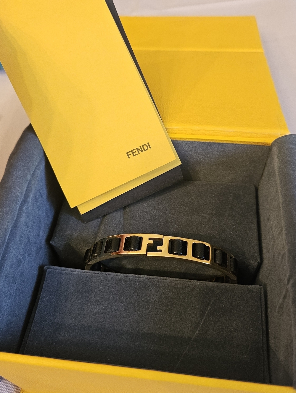 Fendi Gold Tone Black Leather FF Logo Hinged Bangle Bracelet w/ Box - Picture 4 of 6